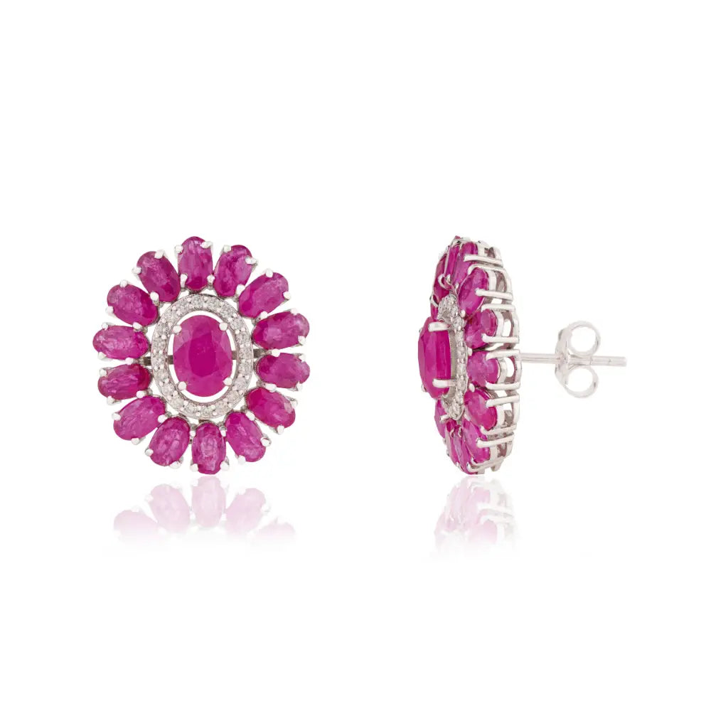 July Birthstone Ruby & Diamond Halo Big Flower Stud Earrings For Women 14K White Gold