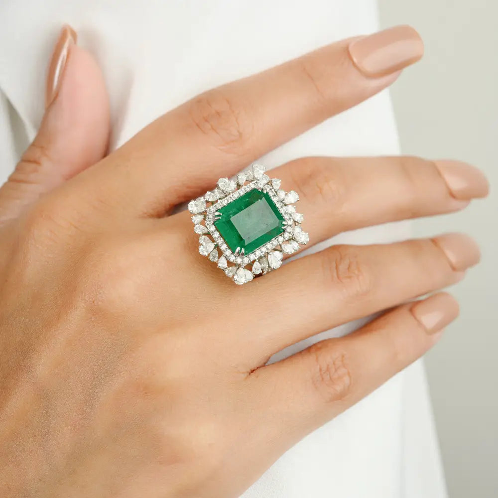 Natural Emerald & Diamond 18K White Gold Statement Cocktail Ring Wedding Jewelry