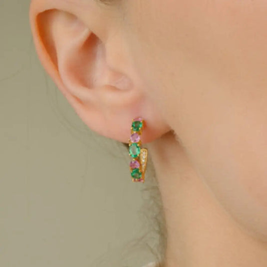 Fashionable Natural Emerald, Pink Sapphire And Diamond 14K Yellow Gold Hoop Earring