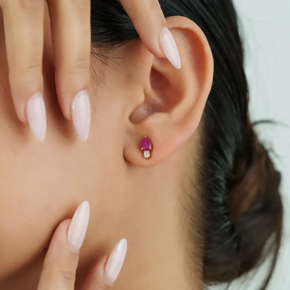 July Birthstone K14 Yellow Gold Ruby & Diamond Minimalist Stud Earrings Everyday Wear Jewelry
