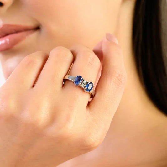 Best Selling Two Stone Natural Oval Blue Sapphire & Round Diamond 925 Silver Ring
