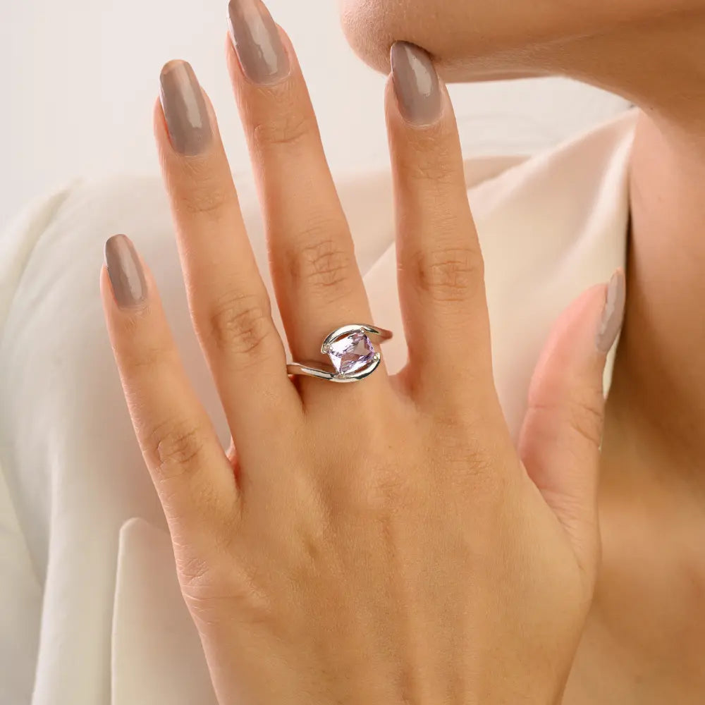 Modern Design 1.72 CT Cushion Cut Natural Amethyst Wavy Band Ring 925 Sterling Silver