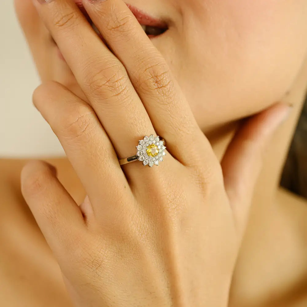 Trending Yellow Sapphire & Diamond Double Cluster Engagement Ring 14K Pure White Gold