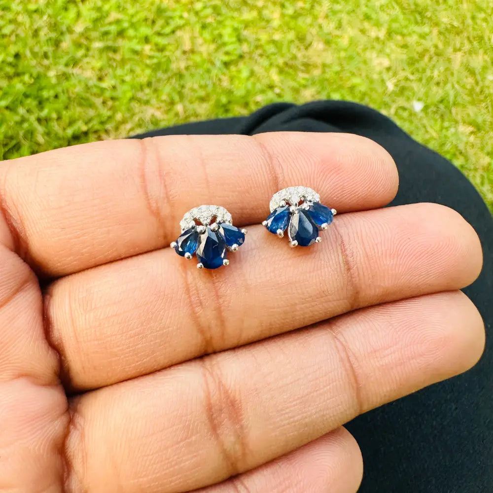 100% Natural Gemstone Blue Sapphire & American Diamond Minimal Push Back Stud Earrings In Silver Jewelry