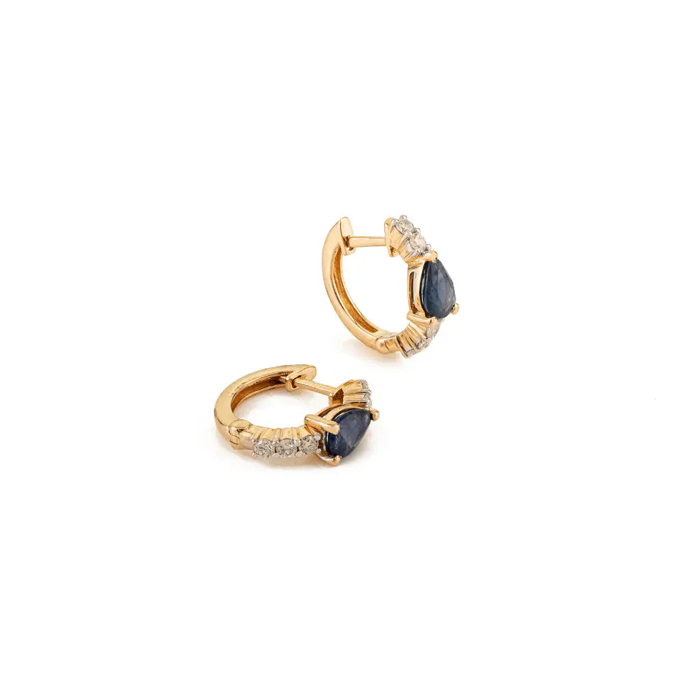 4X6 mm Pear Shape Blue Sapphire & Diamond K14 Yellow Gold Minimal Hoop Earrings