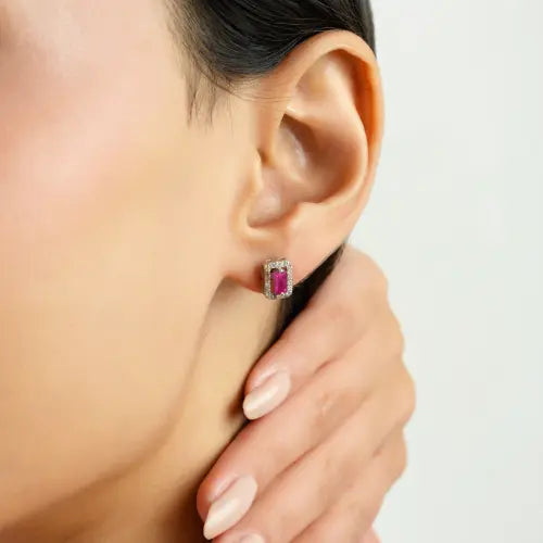 Natural Octagon Ruby & Diamond Cluster 925 Solid Silver Earrings Fine Jewelry For Women