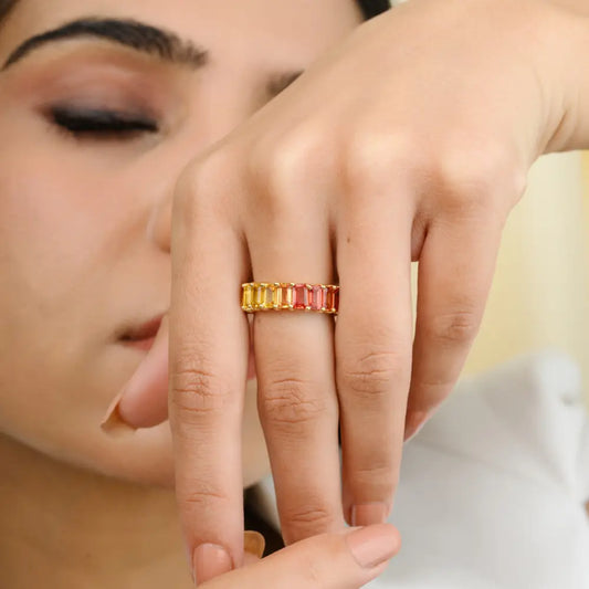 Octagon Shape Multi Gemstone 18K Solid Yellow Gold Full Eternity Band Ring