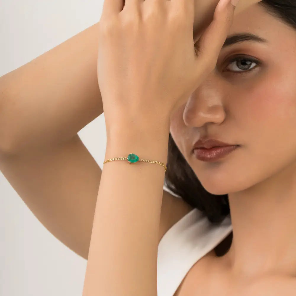 K14 Real Yellow Gold Prong Set Emerald Single Stone Cuban Link Chain Bracelet Stacked Jewelry
