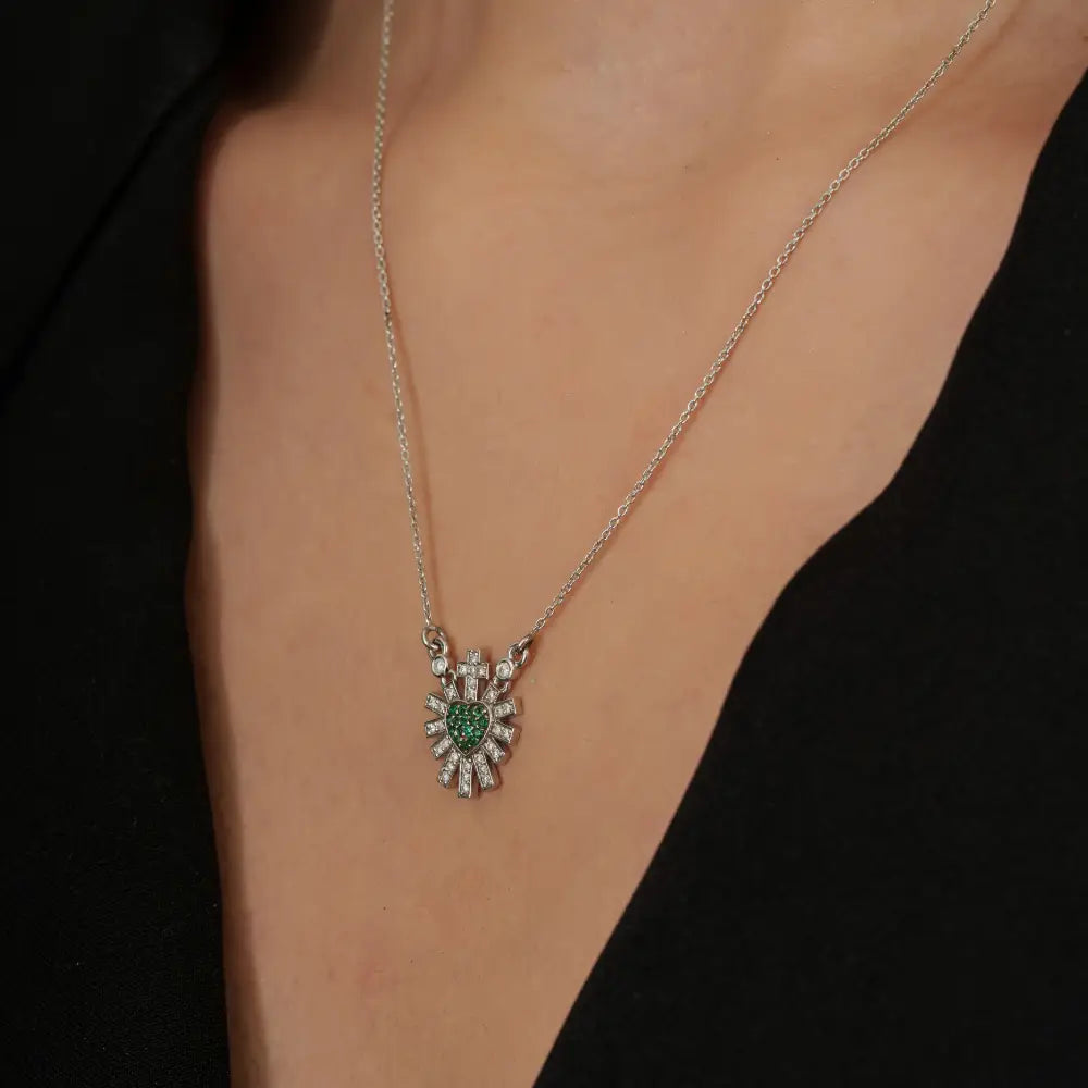 Emerald & Diamond Sacred Heart Sunburst Pendant Necklace For Women 14K Solid White Gold