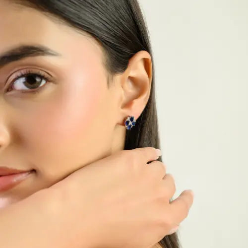 Minimal 925 Sterling Silver 100% Authentic Blue Sapphire & Diamond Stud Earrings