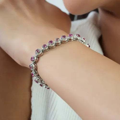 Natural Pink Tourmaline & Diamond 925 Sterling Silver Tennis Bracelet Fine Jewelry For Her