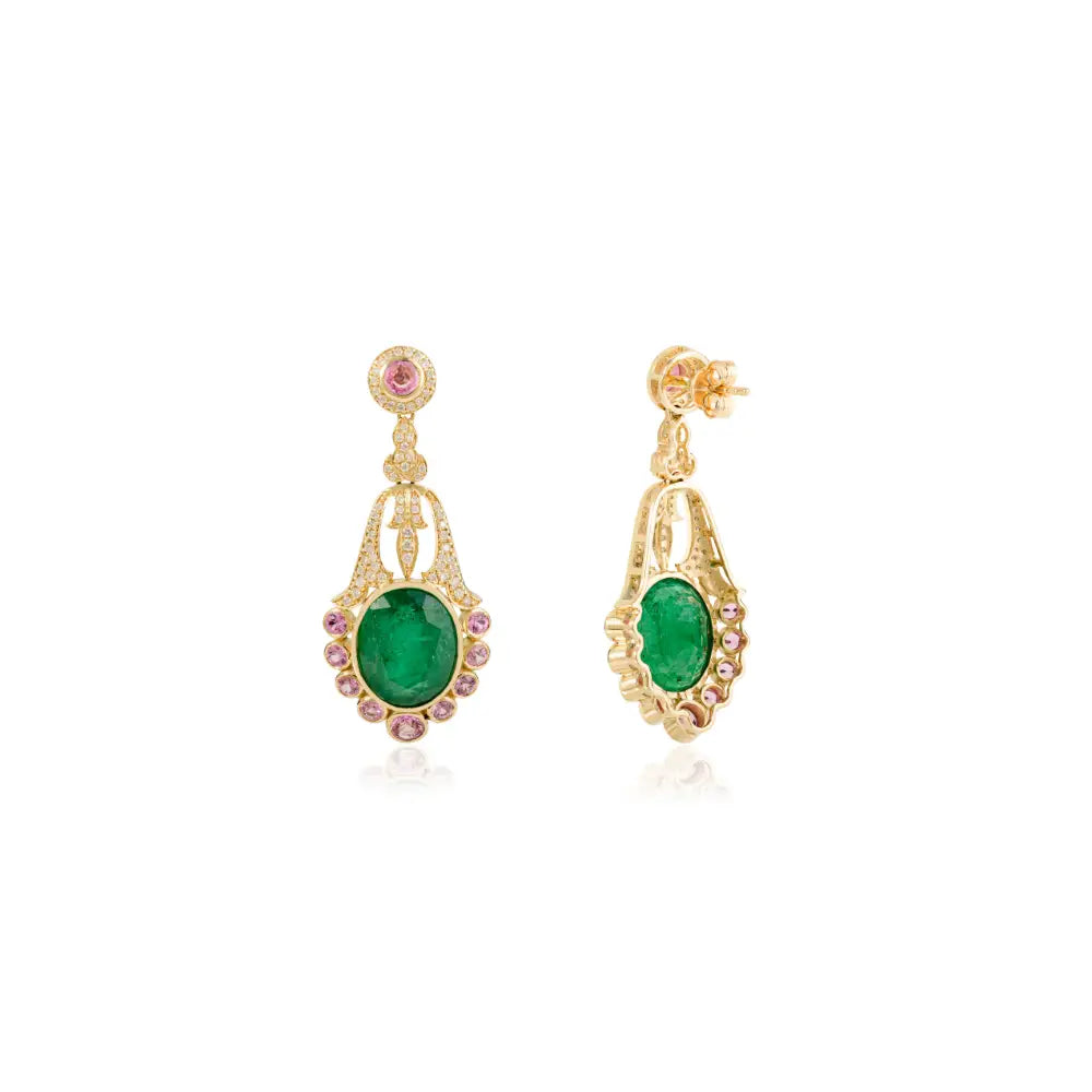 Luxurious Emerald Pink Sapphire & Diamond 14K Yellow Gold Wedding Chandelier Earrings