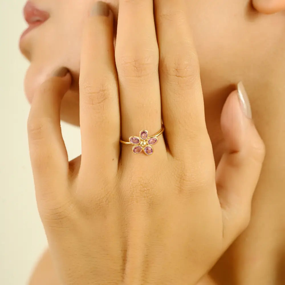 Elegant Design Bezel Set Pink Sapphire Pure 14K Yellow Gold Flower Shape Ring Fine Jewelry