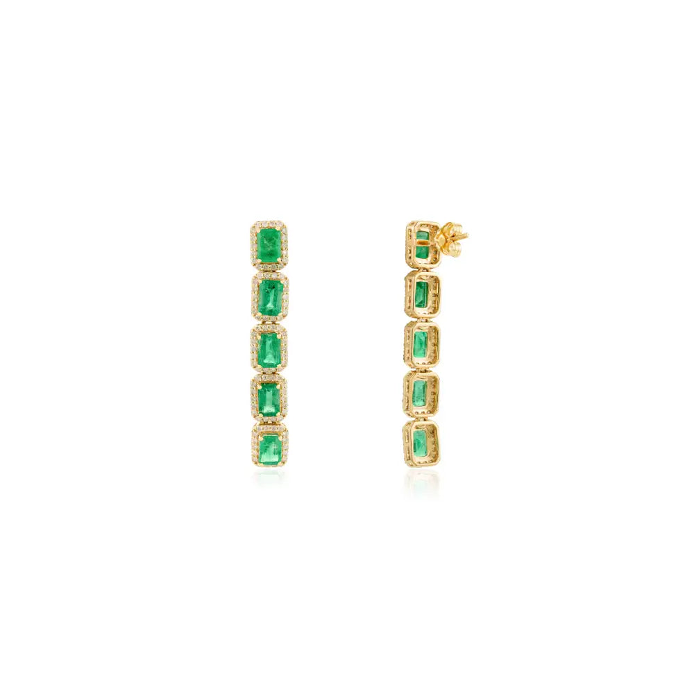 New Trendy Genuine Emerald & Diamond Long Dangle Earrings 14K Gold Luxury Jewelry