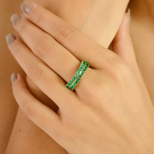 Solid K14 Yellow Gold Emerald Double Row Half Eternity Band Ring May Birthstone Jewelry