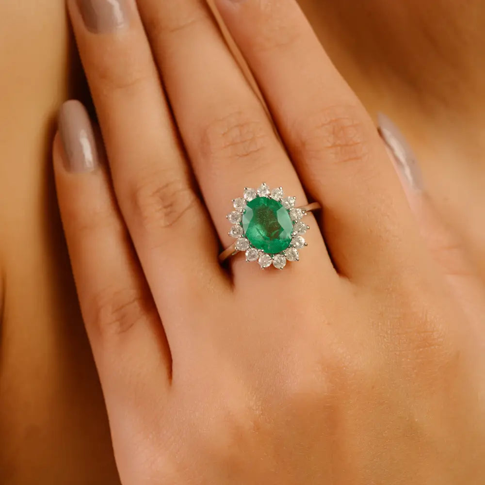 Prong Set Emerald & Diamond Cluster Ring 14K White Gold Engagement Jewelry May Birthstone