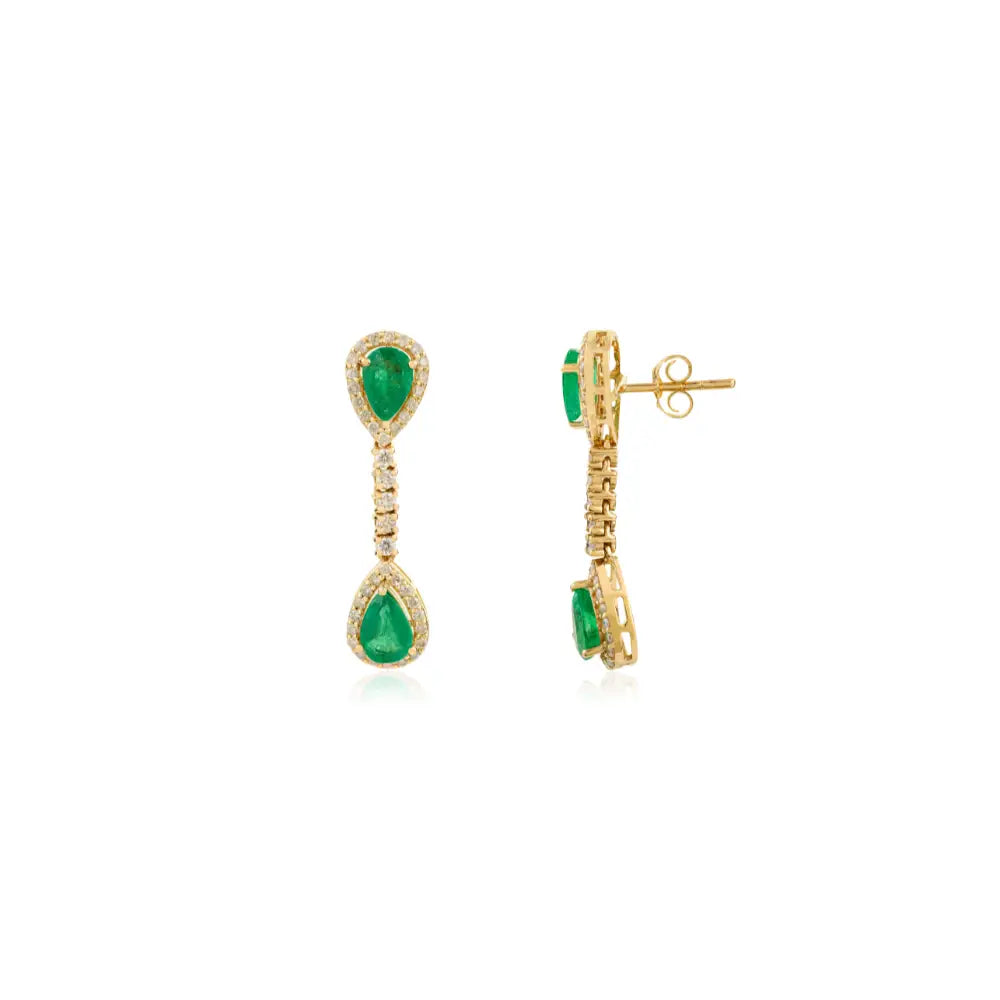 Halo Set Emerald & Diamond Pure 14K Yellow Gold Drop Earrings For Women Gemstone Jewelry