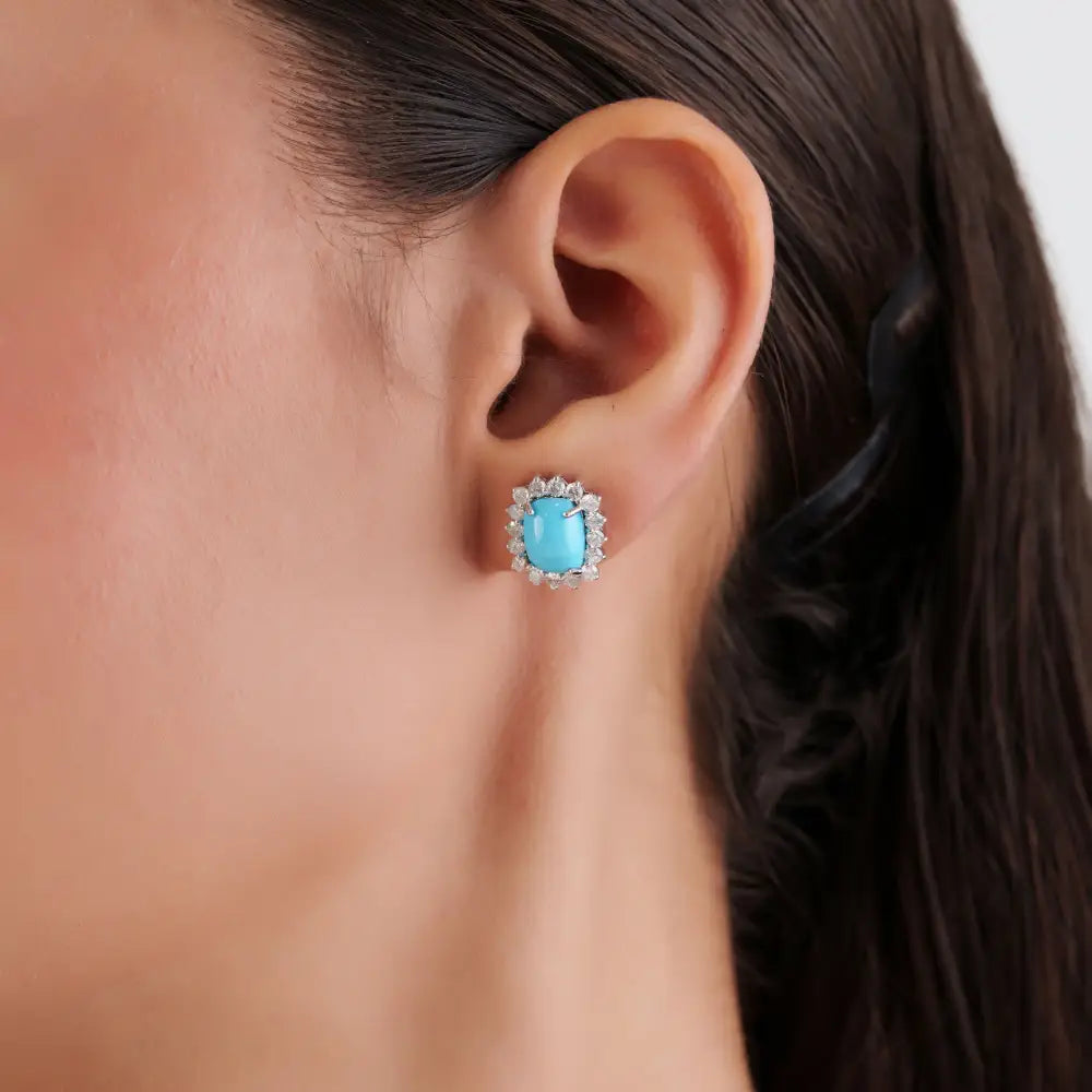14K White Gold 9x7mm Octagon Cut Turquoise & Diamond Cluster Stud Earrings Bulk Jewelry