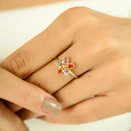 Stacking Design Bezel Set Multi Sapphire Flower Shape Ring Minimal Jewelry 14K Yellow Gold