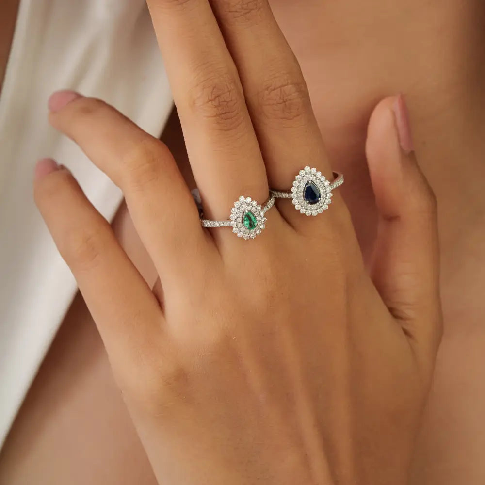 Real 18K White Gold Emerald & Diamond Pear Shape Double Cluster Ring Wedding Jewelry