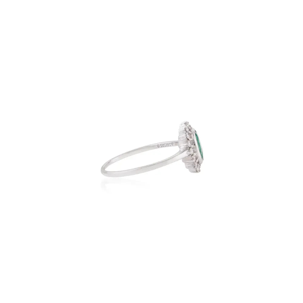 Bezel Set Emerald & Diamond Precious Gemstone Cluster Ring 14K Pure White Gold Fine Jewelry