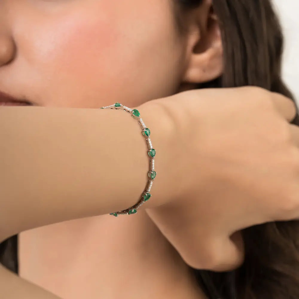 Zambian Emerald & Diamond Stackable 14K Pure White Gold Sleek Tennis Bracelet Fine Jewelry