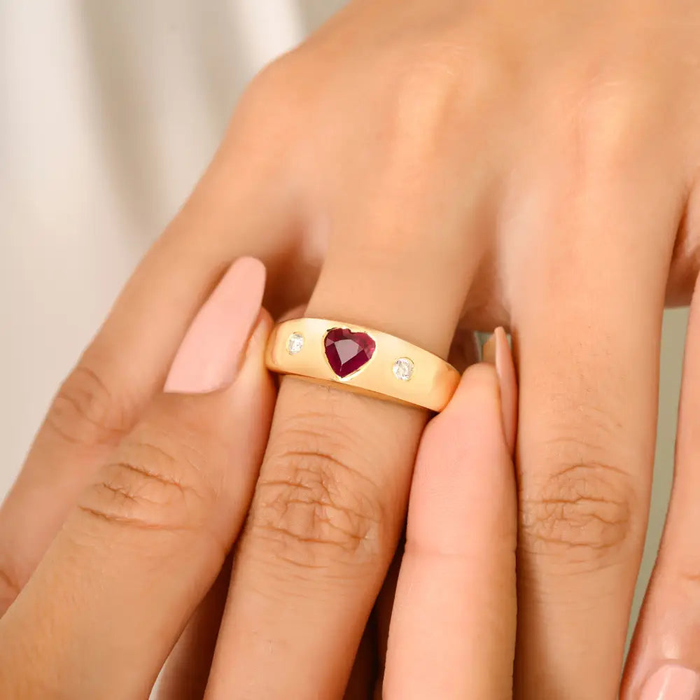 Heart Shape Ruby & Diamond Chunky Gypsy Ring Valentine's Day Gift 18K Yellow Gold