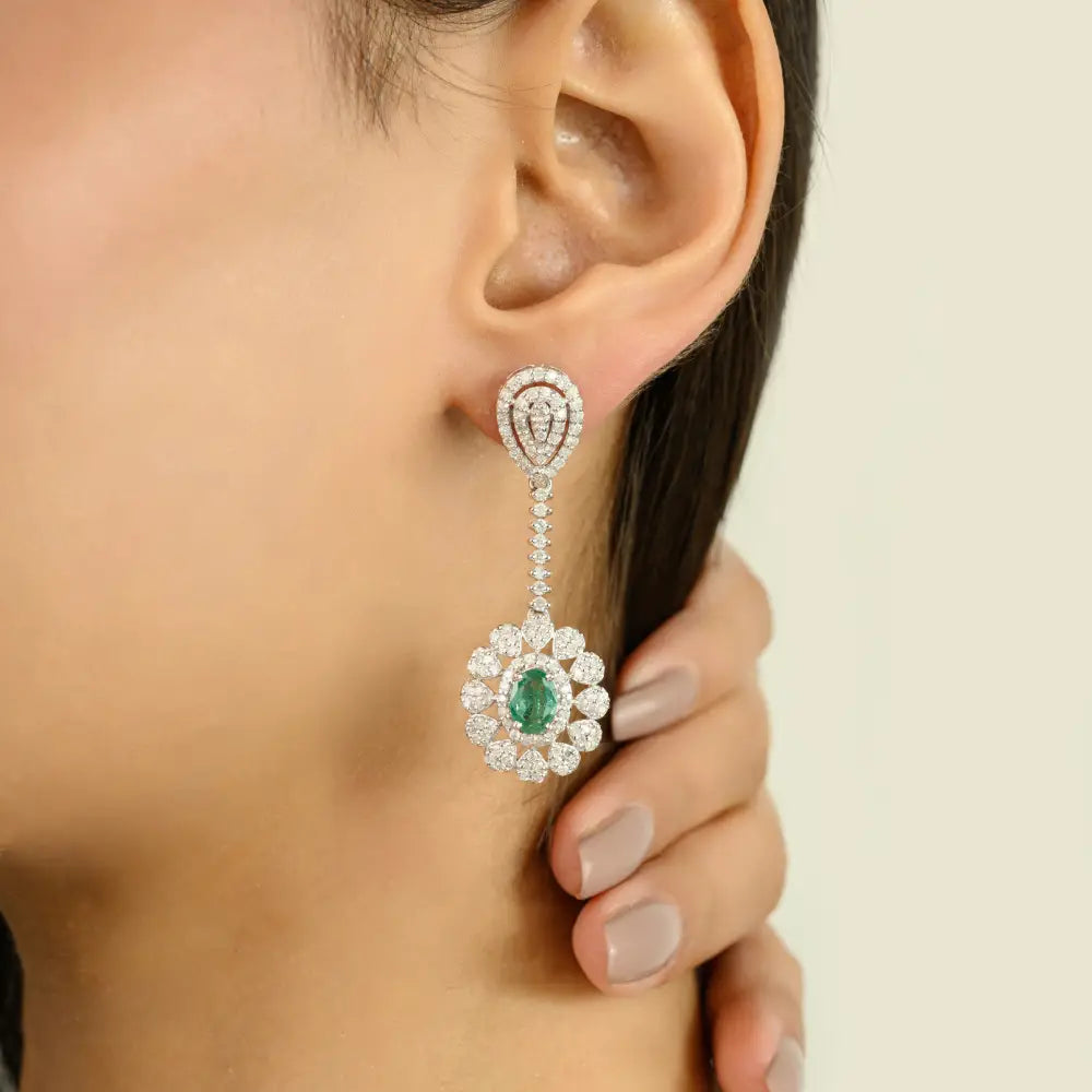 Statement Fine Jewelry Natural Emerald & Diamond Dangle Earrings Real K14 White Gold