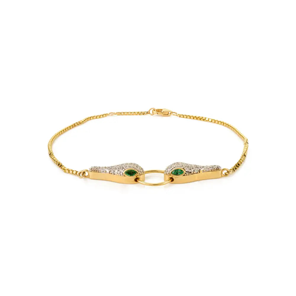 Real K18 Yellow Gold Emerald & Diamond Double-Headed Snake Bracelet Wedding Jewelry