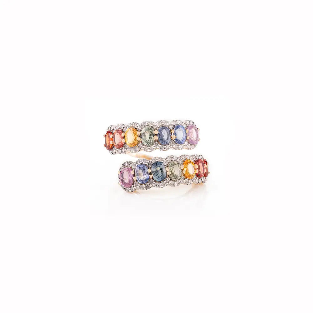 Rainbow Multi Sapphire & Diamond K14 Yellow Gold Statement Bypass Ring For Wedding