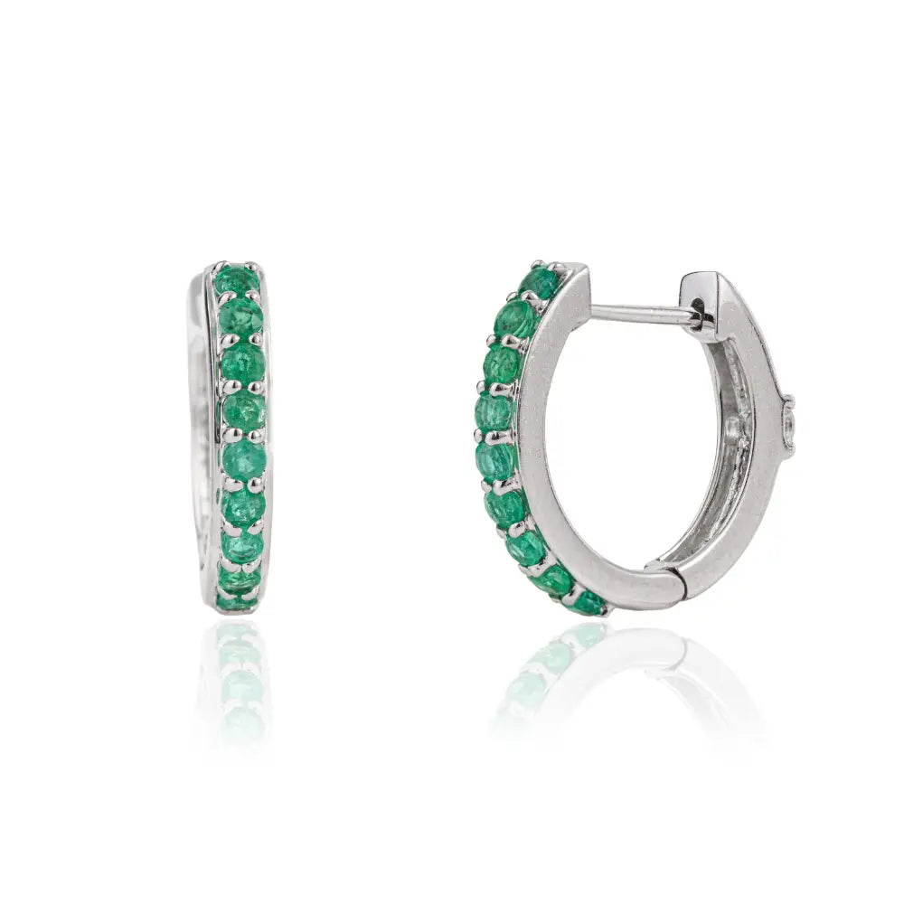 Precious Gemstone Jewelry Solid K18 White Gold Emerald & Diamond Huggie Hoop Earrings
