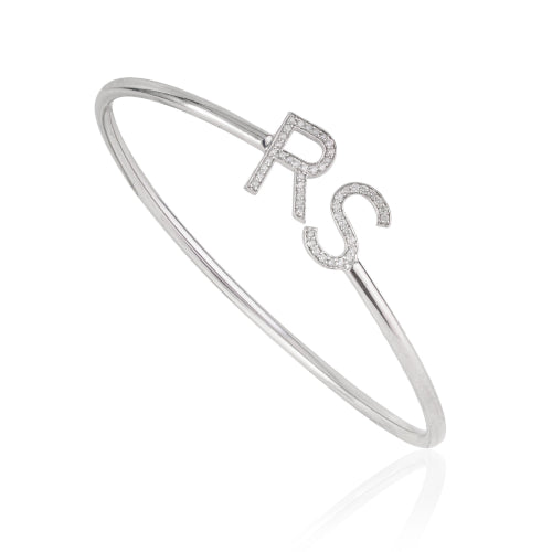 Customisable Initial Letter Pave Set Natural Diamond 925 Silver Open Cuff Bangle For Women