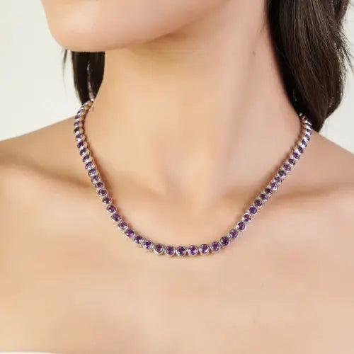 Trendy 925 Sterling Silver Round Shape Natural Amethyst Gemstone Tennis Necklace For Women