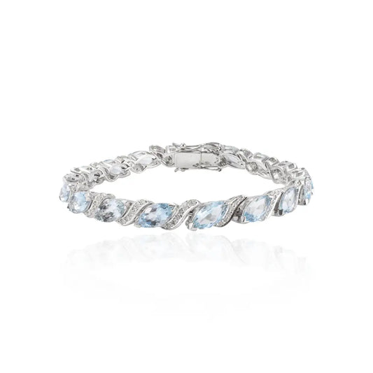 Marquise Aquamarine & Round American Diamond Sterling 925 Silver Tennis Bracelet For Party Wear