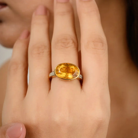 Classic Style 18k Yellow Gold Natural Citrine & Diamond Statement Ring For Wedding Custom Made Jewelry