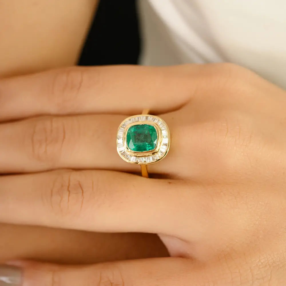 May Birthstone Emerald & Diamond 18K Pure Yellow Gold Halo Engagement Ring Trendy Jewelry