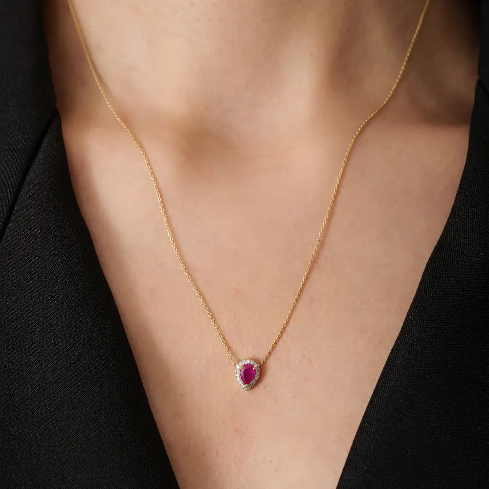 100% Genuine Ruby & Diamond 18K Pure Yellow Gold Single Stone Halo Pendant Necklace