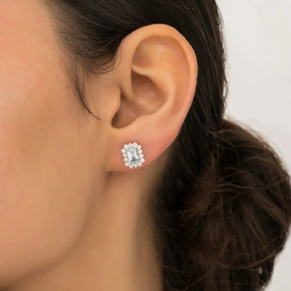 14K Real White Gold Aquamarine & Diamond Cluster Stud Earrings Bulk Handmade Jewelry