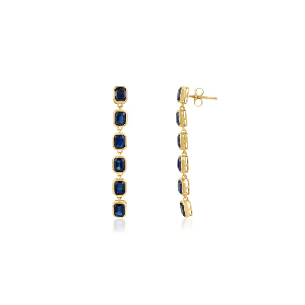 Blue Sapphire Bezel Setting Long Dangle Earrings 14K Solid Yellow Gold Women Gemstone Jewelry