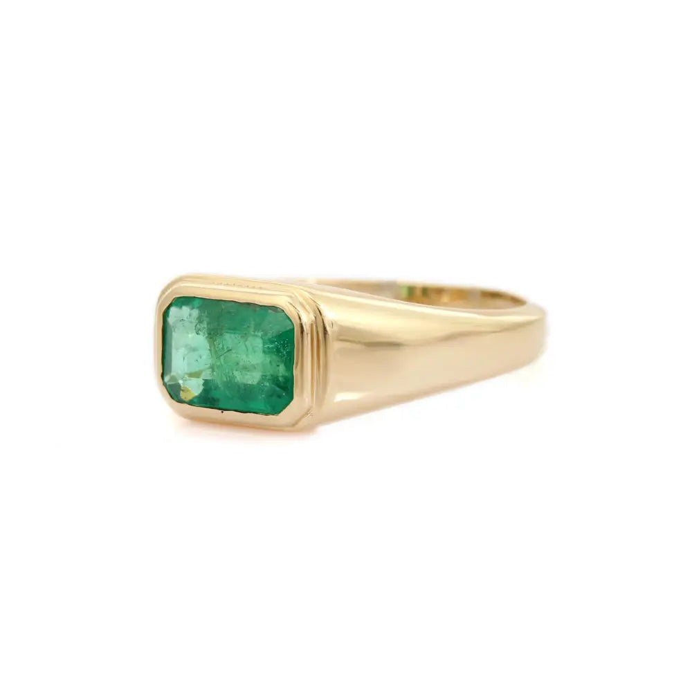 Bezel Set Zambian Emerald Trending East West Signet Ring 14K Real Yellow Gold Fine Jewelry