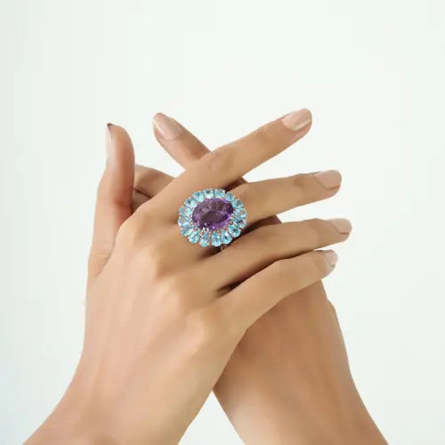 High Quality Natural Amethyst Blue Topaz & Orange Sapphire 925 Silver Bold Statement Ring