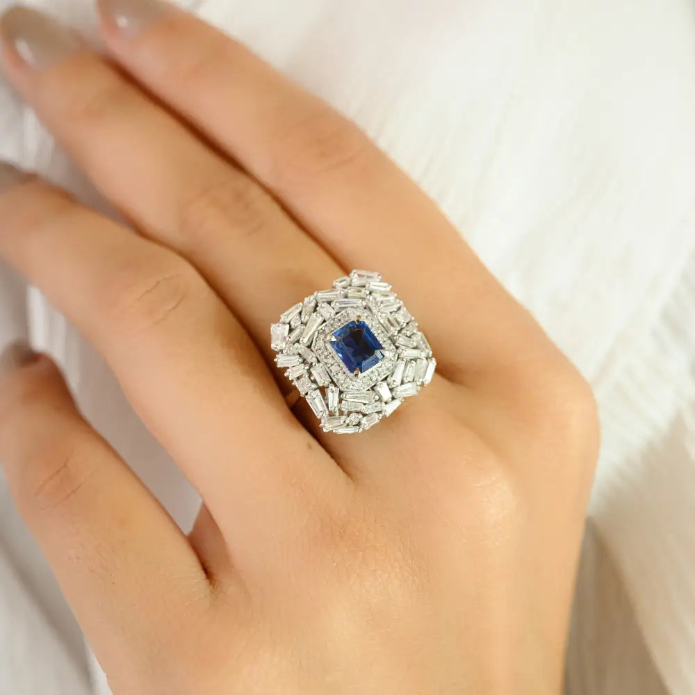 14K White Gold Blue Sapphire & Diamond Statement Ring Luxury Bold Jewelry Manufacturer
