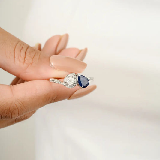 K14 Solid White Gold Genuine Blue Sapphire & Diamond Toi et Moi Ring For Unisex Handmade Jewelry