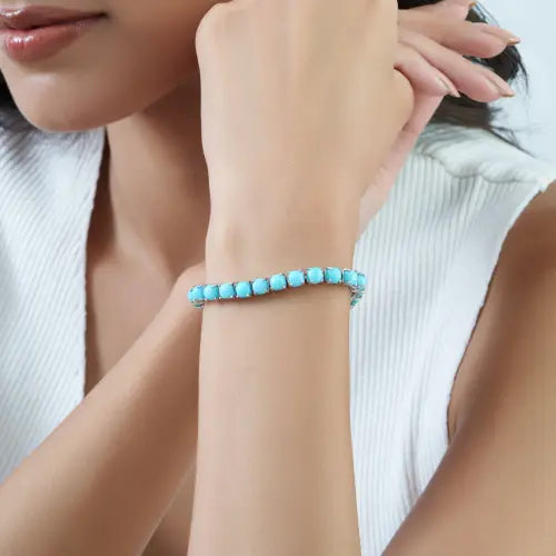 Gorgeous 925 Sterling Silver Natural Turquoise December Birthstone Unisex Tennis Bracelet