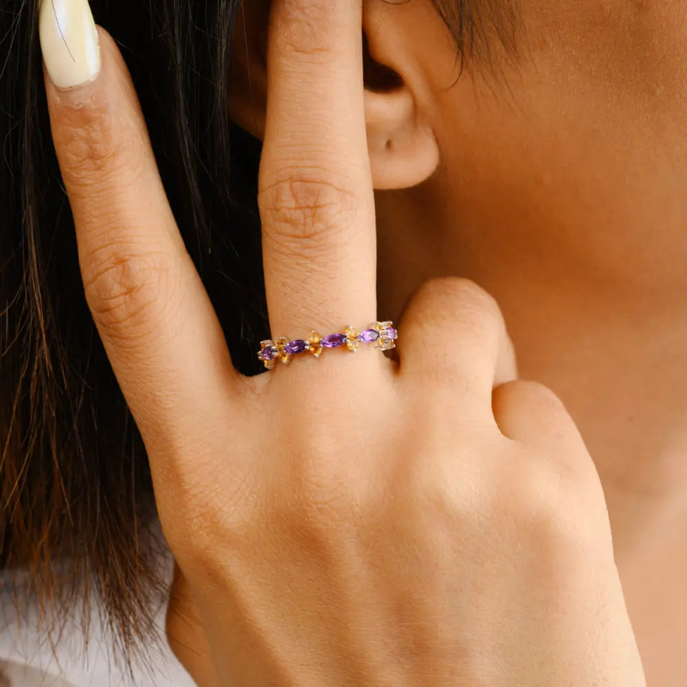 Handmade Jewelry 18K White Gold Natural Amethyst & Citrine Full Stackable Band Ring