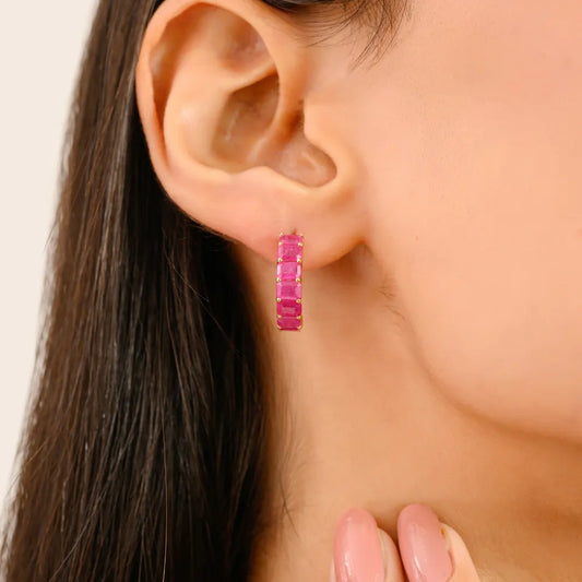 Octagon Cut Genuine Ruby Handmade Small Hoop Earrings Solid K14 Yellow Gold Jewelry