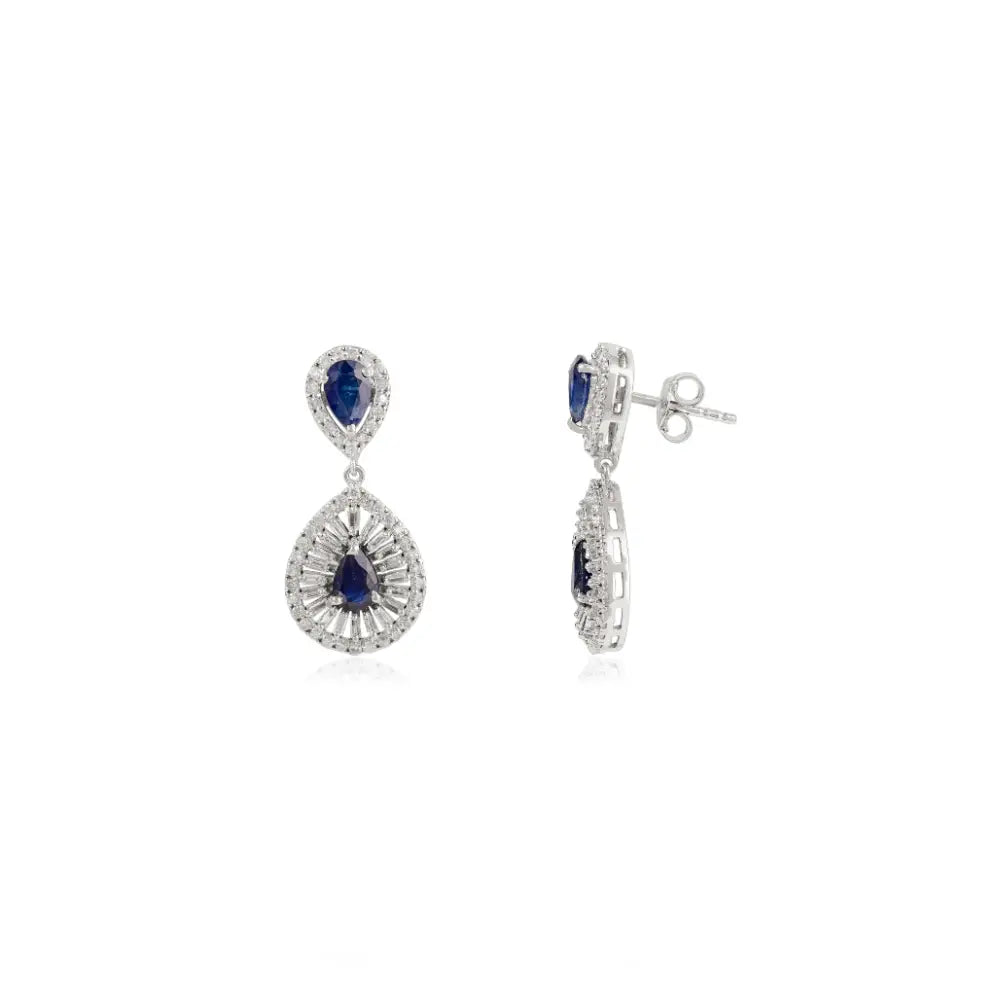 Stunning Blue Sapphire & Diamond Women's Drop Earrings 14K Solid White Gold Fine Jewelry