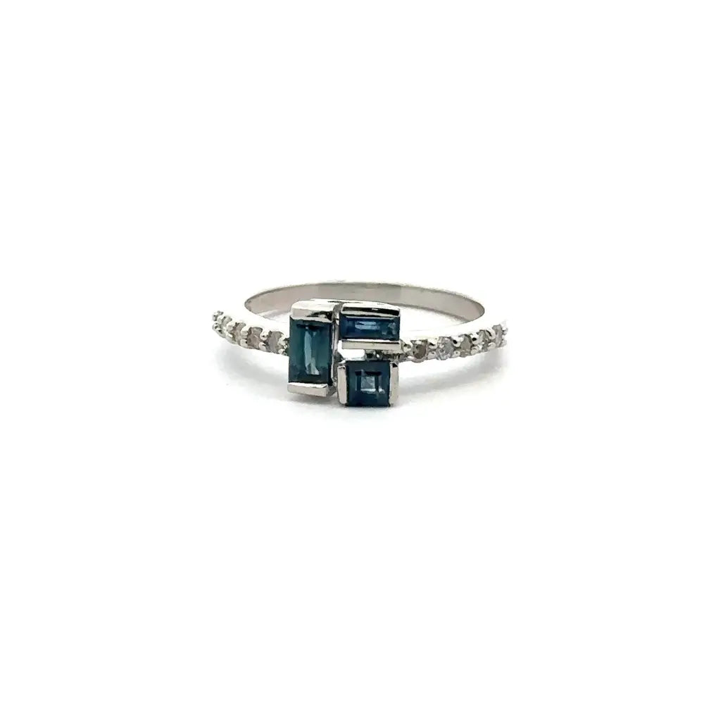 September Birthstone Fine Sapphire & American Diamond Three Stone Ring In 925 Solid Silver