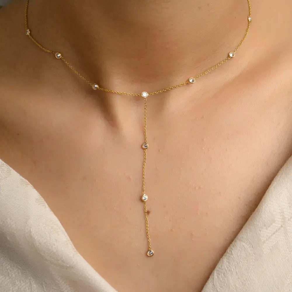 Minimal Jewelry 18K Solid Yellow Gold Natural Diamond Long Chain Necklace