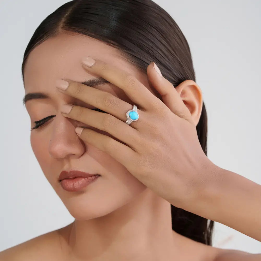 Double Prong Set Turquoise & Diamond Original 14K White Gold Halo Ring For Unisex Jewelry